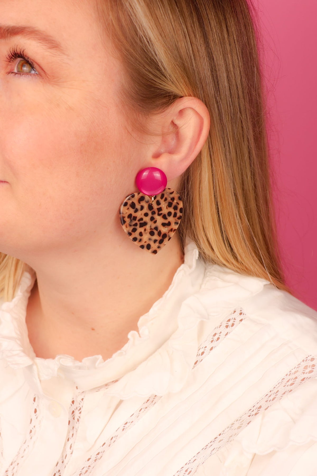 Boucles d’oreilles Coeur - Fuchsia et Léopard