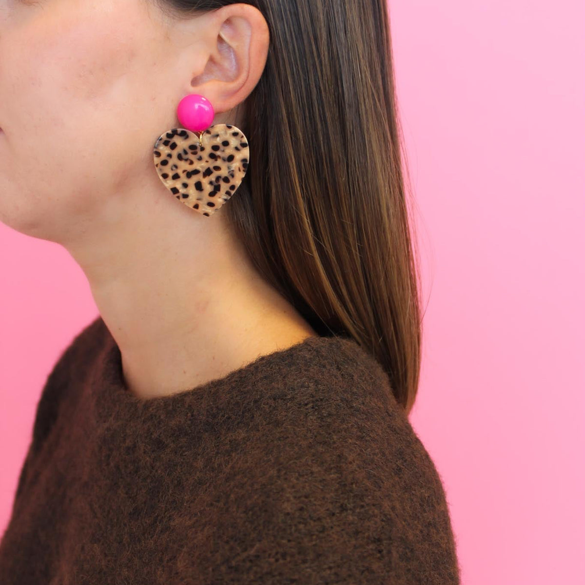 Boucles d’oreilles Coeur - Fuchsia et Léopard